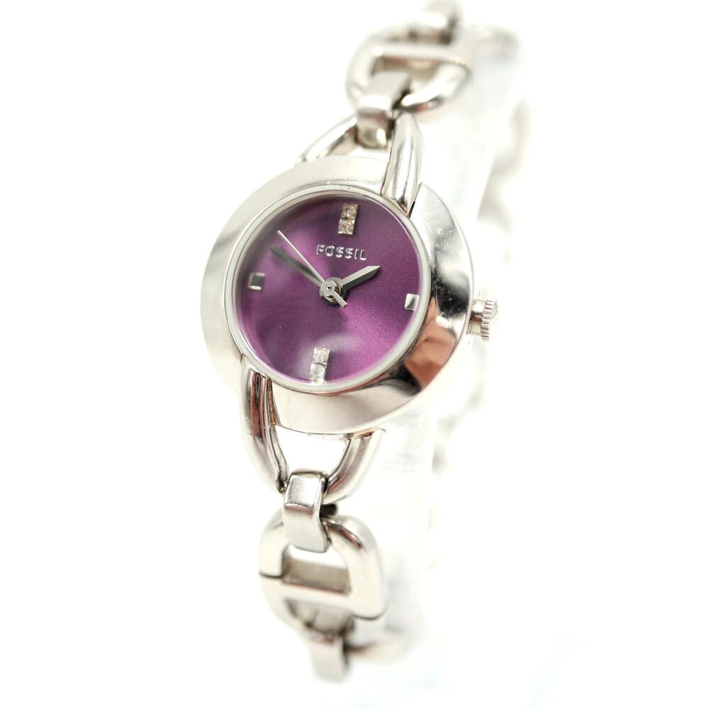 Fossil Womens Silver Tone 23mm Purple Round Watch Bracelet ES2428 w New Battery